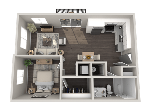 Floor plan for 1 bed, 1 bath, 642 sqft